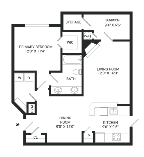 Floor plan for 1 bed, 1 bath, 952 sqft